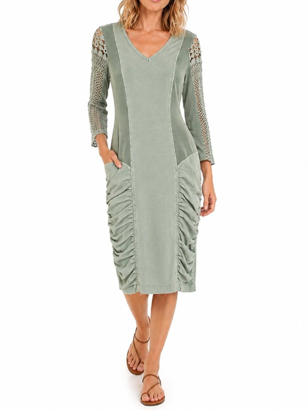 XCVI Midi Shift Dress Sage Green Medium Crochet Sleeve V-Neck Ruched Skirt Boho